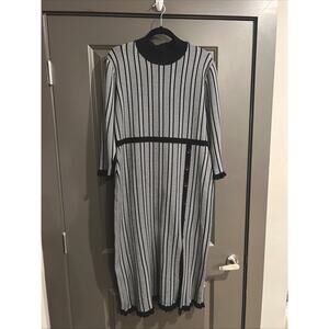 Sandra Darren XL Black And White Vertical Striped Sweater Dress Mock Neck Button